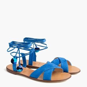 J.Crew Blue Suede Pom-Pom Sandals